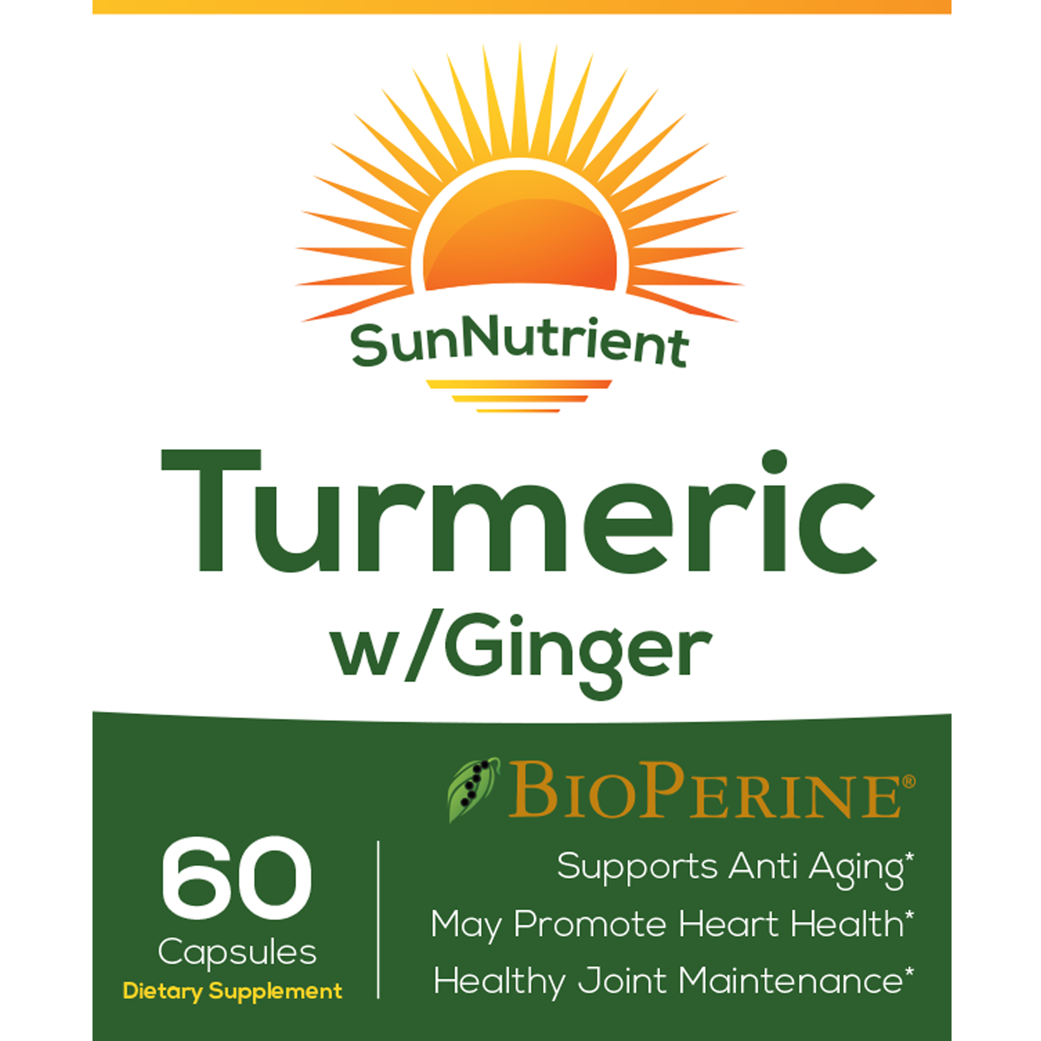SunNutrient tumeric with ginger supplement Front Label