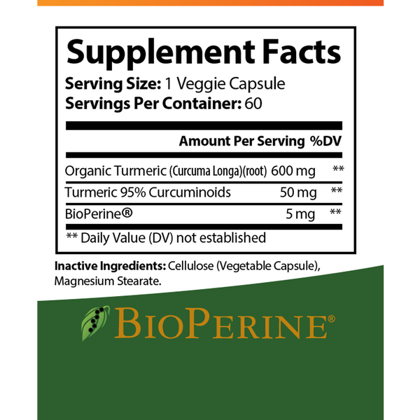 SunNutrient organic tumeric supplement with bioperine supplement facts